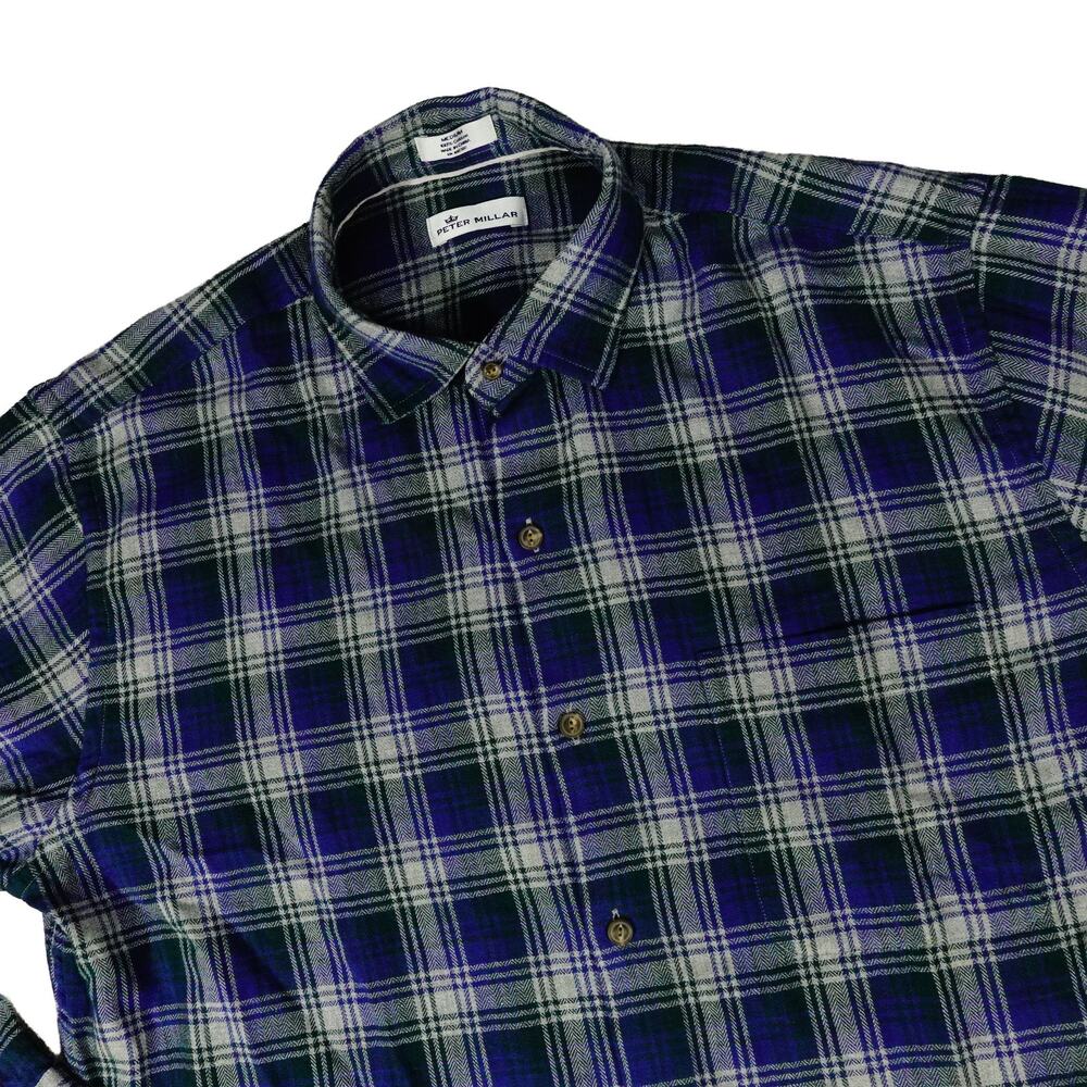 Peter Millar Flannel Plaid Blue Gray Button Up Long Sleeve Shirt Medium